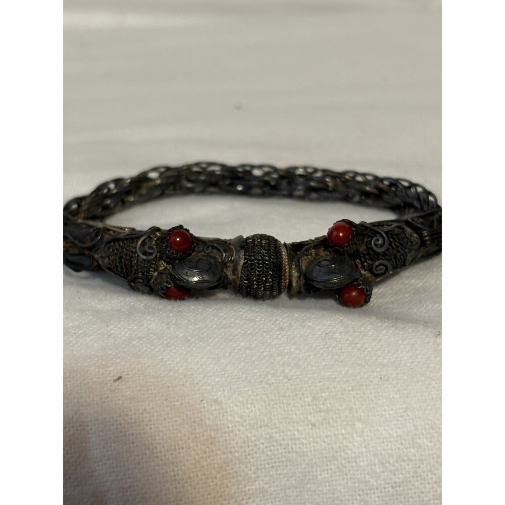 Antique Chinese Export Silver Double Dragon Filigree Bracelet Coral Screw Clasp